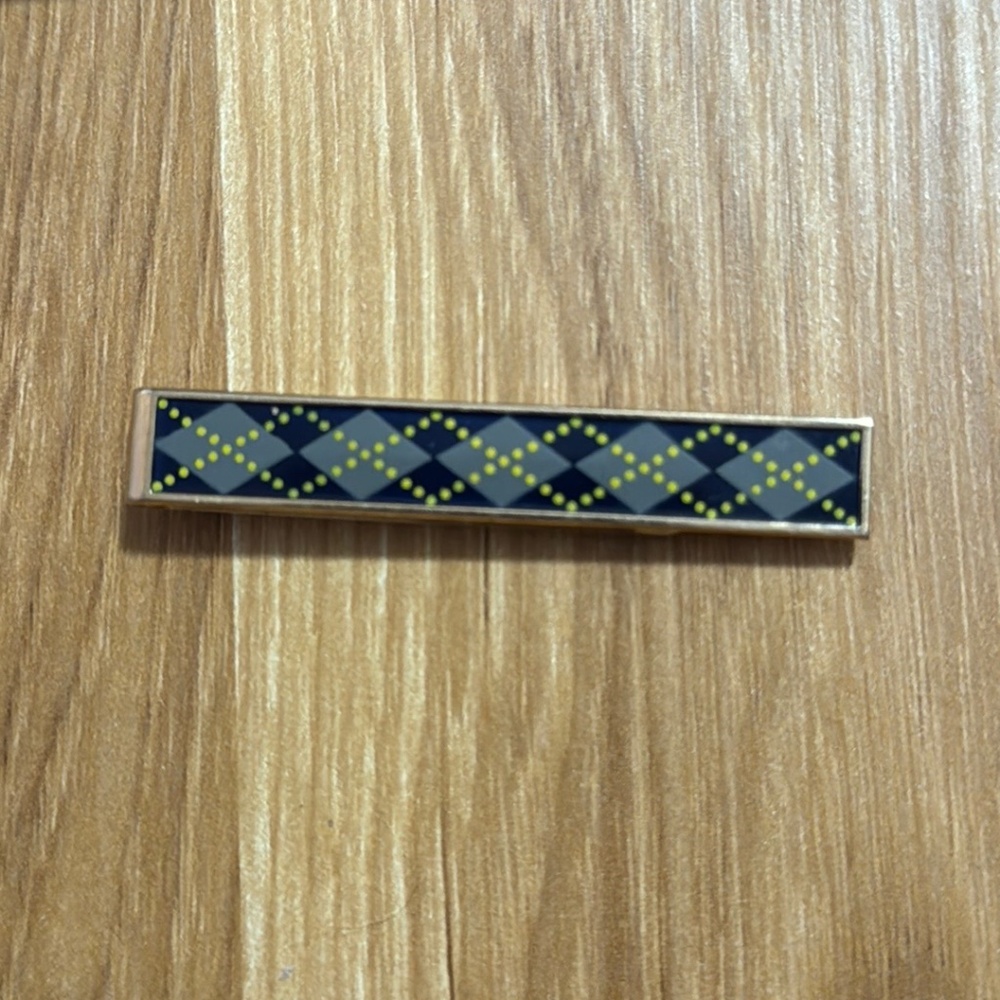 Vintage Swank Navy Blue & Yellow Argyle Pattern Gold Tone Tie Bar Fab Preppy Tie